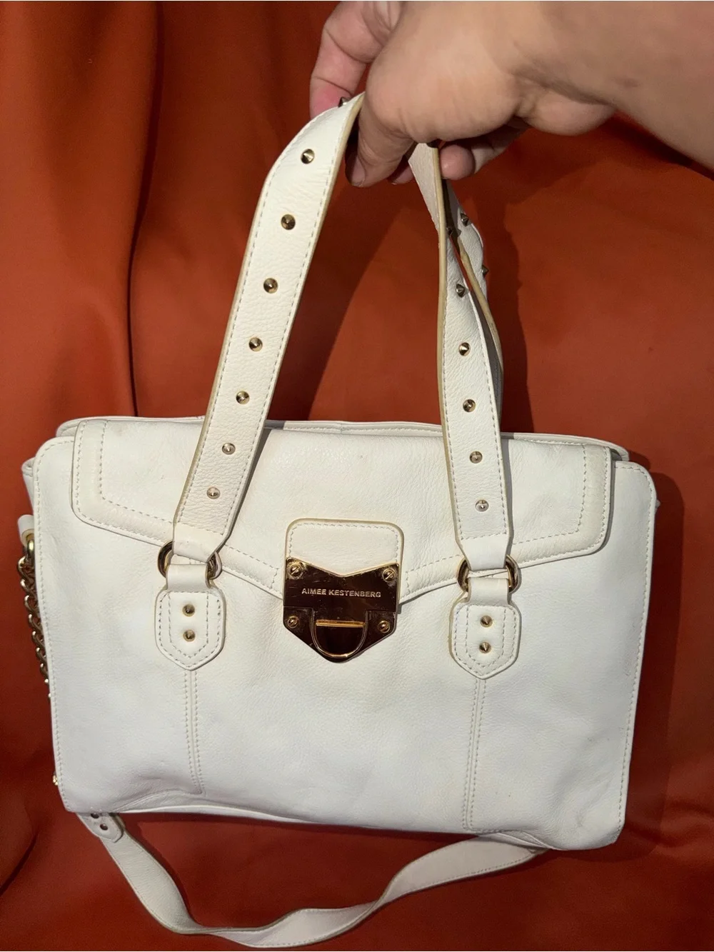 Aimee Kestenberg White Leather Satchel with Gold-Tone Lock